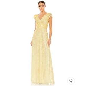 NWT Mac Duggal #5646 Embellished Butter Yellow Flutter Cap Sleeve A-Line Gown